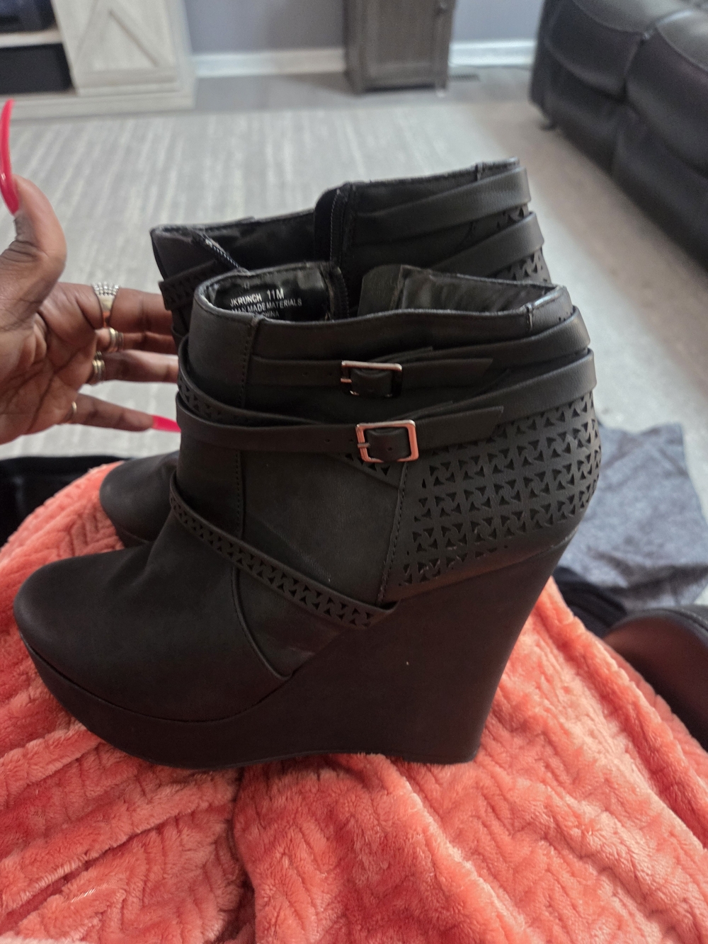 Women's Black Wedge Ankle Boots with Buckle Detail